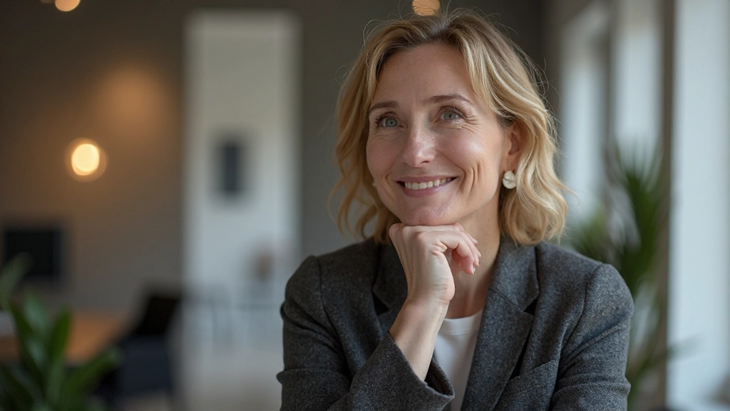 Professionele vrouw in bedachtzame pose, handen op gezicht, meditatieve mindset ontwikkeling